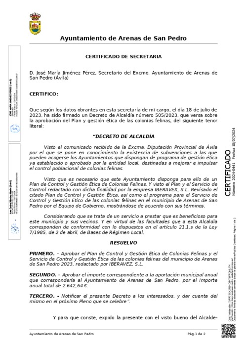 Aprobación del Plan de Control y Gestión Ética de Colonias Felinas y el Servicio de Control y Gestión Ética de las colonias felinas.