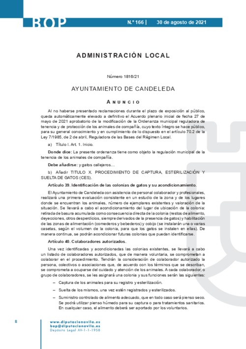 Ordenanza que tiene como objeto la regulación municipal de la tenencia de los animales de compañía y gatos callejeros.