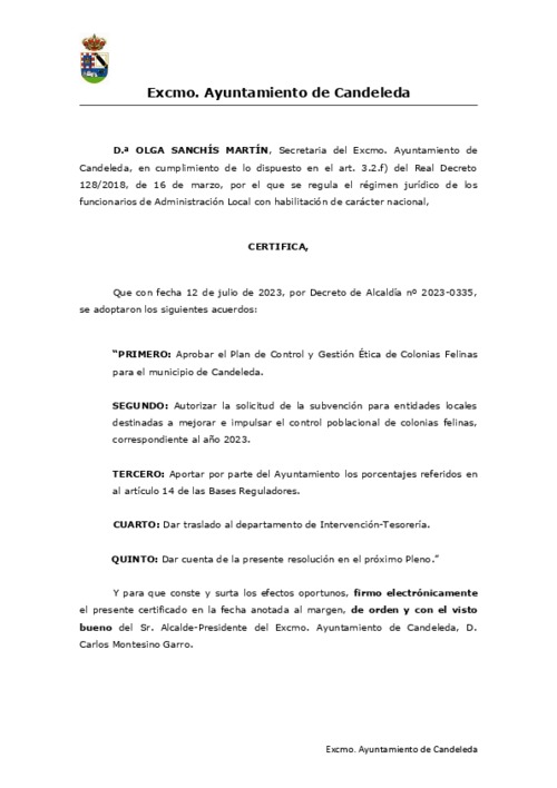 Aprobación del Plan de Control y Gestión Ética de Colonias Felinas para el municipio de Candeleda.