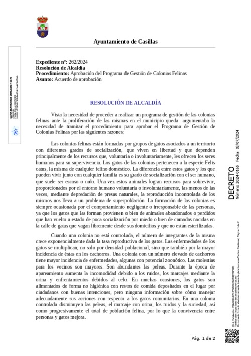 Aprobación del Programa de Gestión de Colonias Felinas del Ayuntamiento de Casillas.