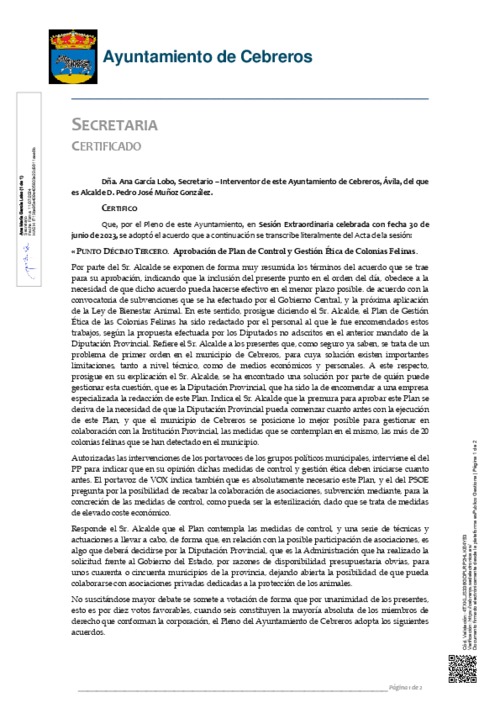 Aprobación del Plan de Control y Gestión Ética de Colonias Felinas para el municipio de Cebreros.