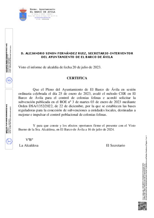 Certificado de aprobación del plan de control y gestión ética de colonias felinas.