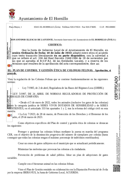 Certificado de aprobación del plan de control y gestión ética de colonias felinas.