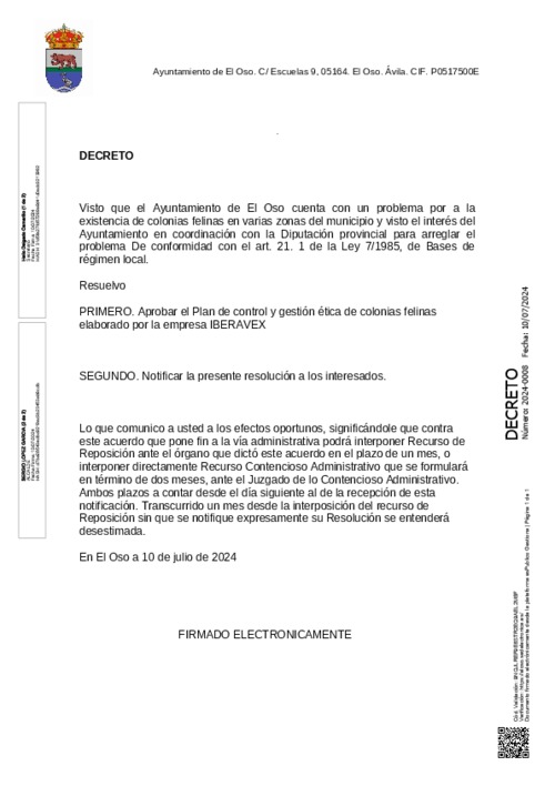 Aprobación del Plan de control y gestión ética de colonias felinas elaborado por la empresa IBERAVEX