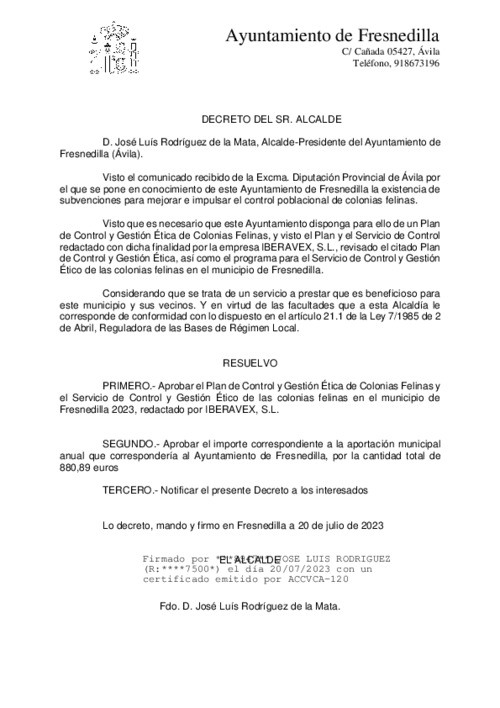 Decreto de aprobación del Plan de control y gestión ética de colonias felinas redactado por IBERAVEX, S.L.