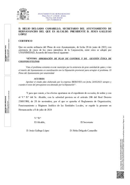 Certificado de aprobación del Plan de Control y de Gestión Ética de Colonias Felinas