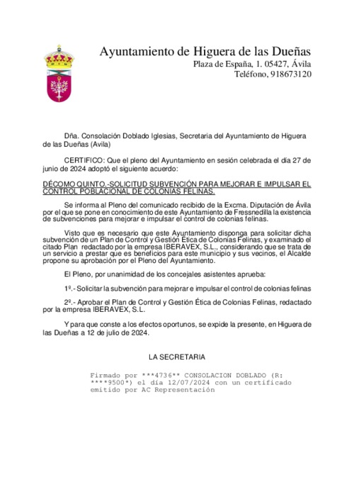 Certificado de la aprobación del Plan de Control y Gestión Ética de Colonias Felinas.