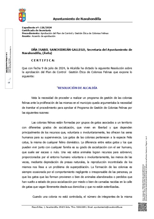 Certificado de aprobación del plan de control y gestión ética de colonias felinas con expediente nº 126/2024.