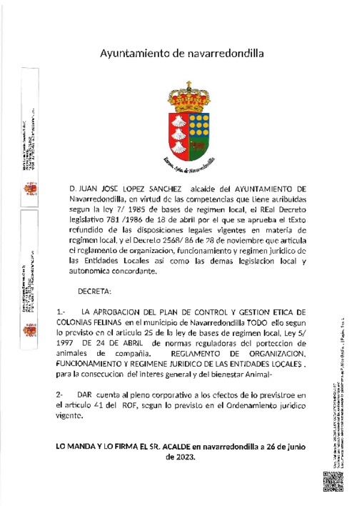 Decreto de aprobación del Plan de Control y Gestión Ética de Colonias Felinas.