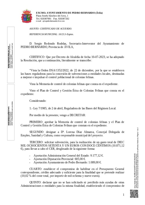 Certificado de acuerdo del Plan de Control y Gestión Ética de Colonias Felinas.