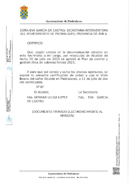 Certificado de aprobación del Plan de control y gestión ética de colonias felinas 2023.