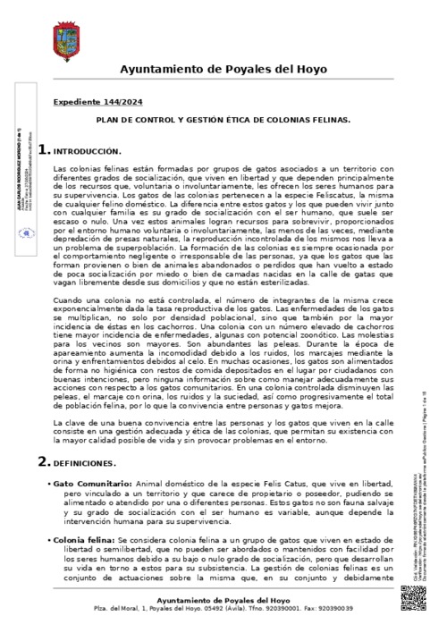 Plan de control y gestión ética de las colonias felinas del Ayuntamiento de Poyales del Hoyo