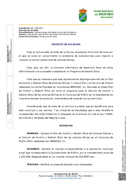 Decreto de aprobación del Plan de control y gestión ética de colonias felinas