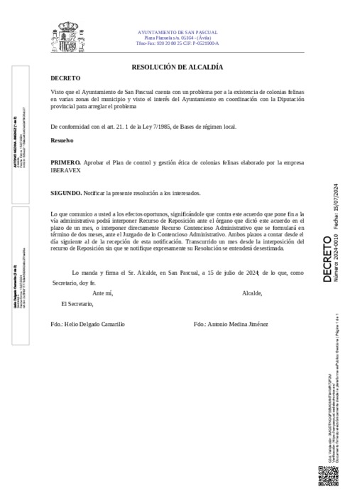 Decreto de la Alcaldía aprobando el Plan de control y gestión ética de colonias felinas elaborado por la empresa IBERAVEX