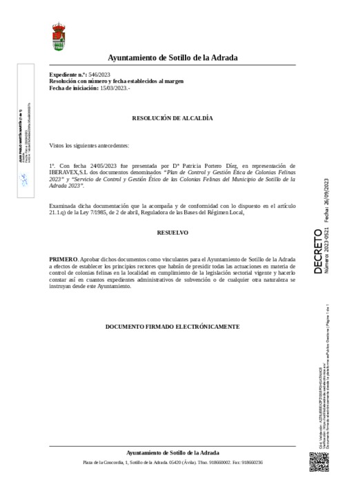 Resolución de la alcaldía donde se aprueba el Plan de Control y Gestión Ética de las Colonias Felinas