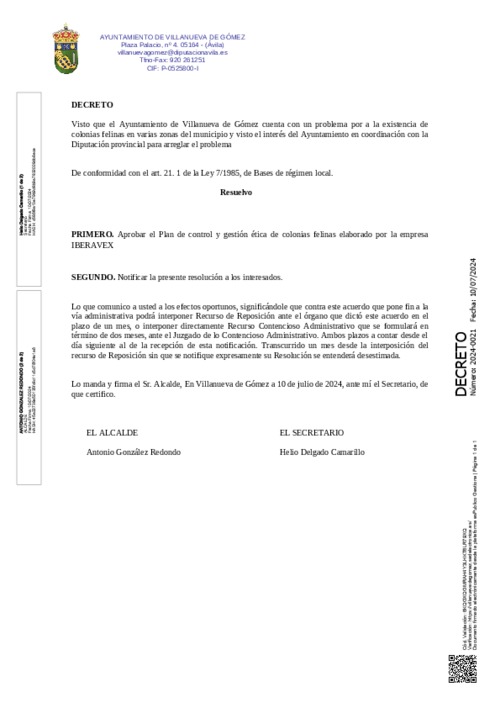 Decreto de aprobación del Plan de control y gestión ética de colonias felinas elaborado por la empresa IBERAVEX